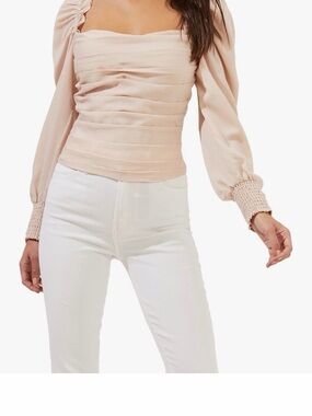Astr Blush Pink Ruched Square-Neck Long Sleeve Blouse
